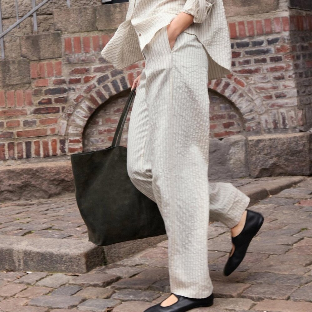 ZARA Drawstring Stripe Linen Cotton Wide Leg Pants Pockets Size L $79